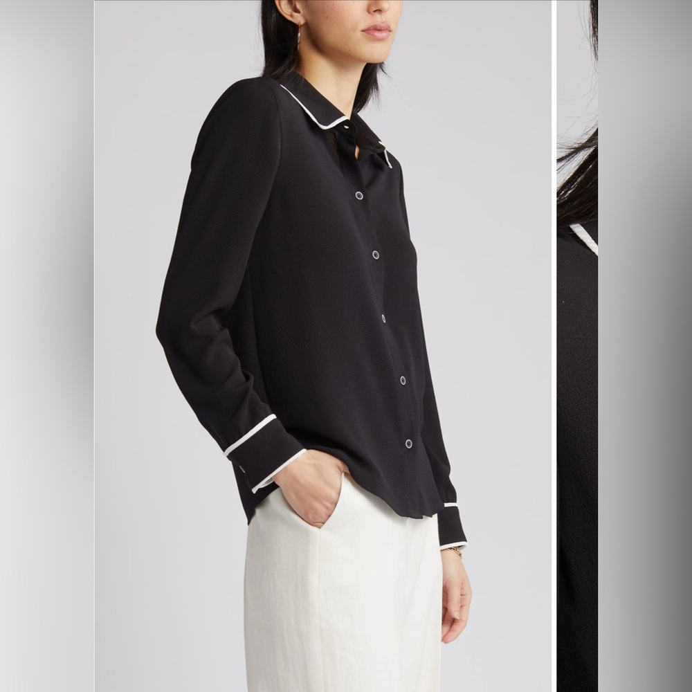 Halogen Black Button-Up Shirt with Contrasting White Trim EUC